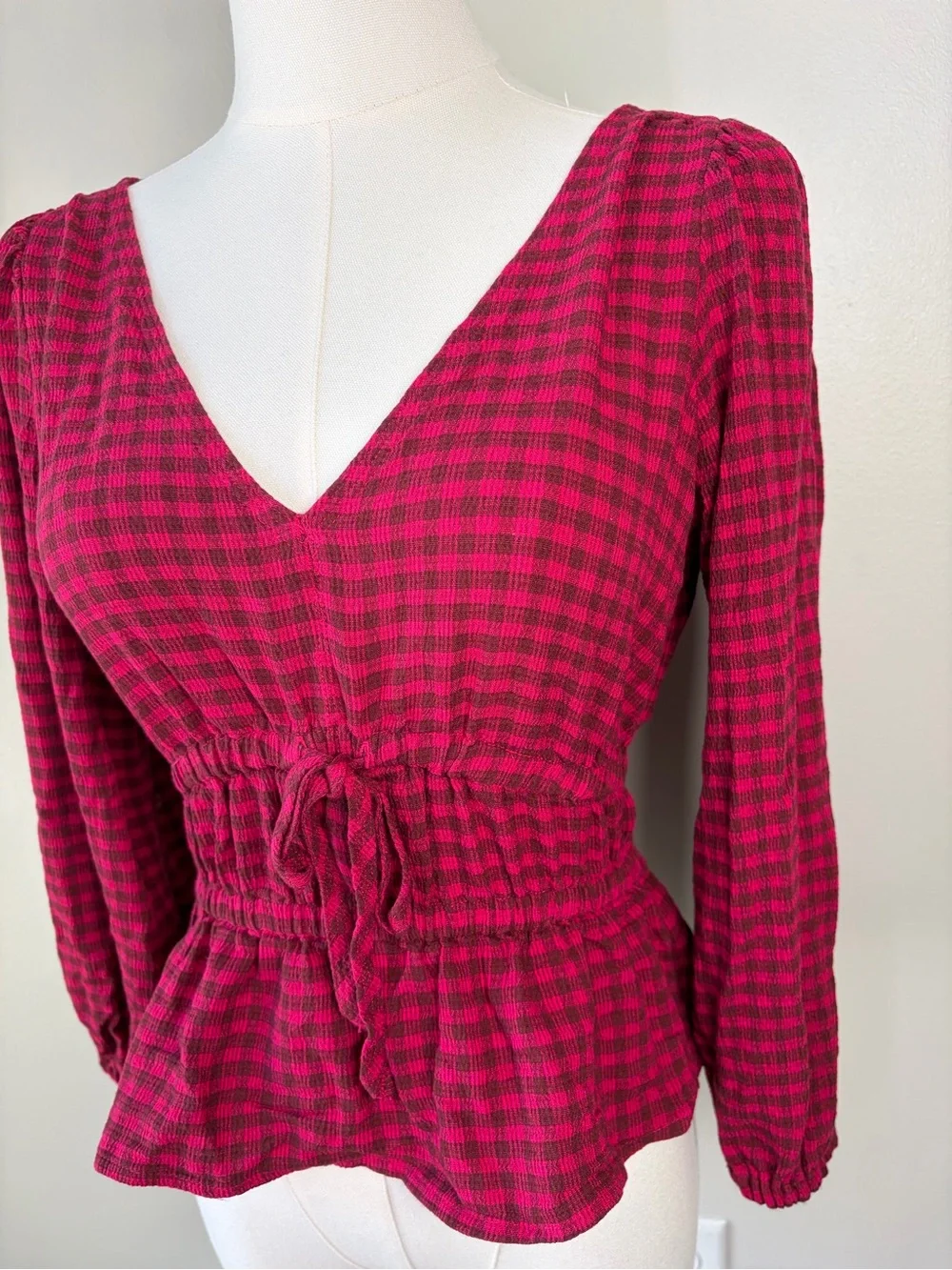 Madewell Crinkled V-Neck Peplum Top Hibiscus Plaid Puff Sleeve Smocked Blouse